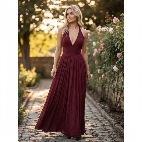 Free People Dresses & Skirts - Boho Fairycore FP Look Into The Sun Maxi Dress Burgundy Halter Open Back M
